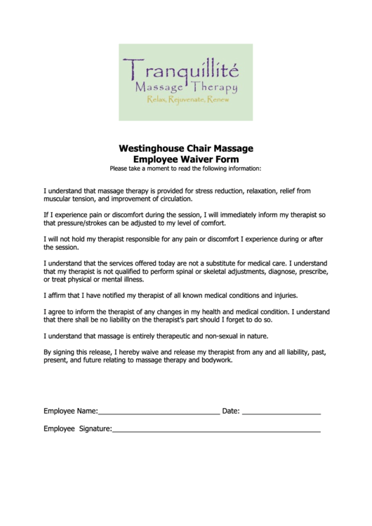 Westinghouse Chair Massage Employee Waiver Form printable pdf download
